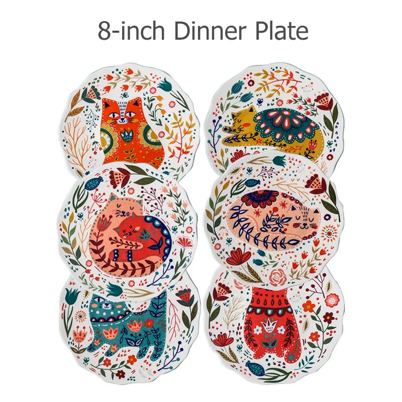 8 Inch Colorful Cat Dinner Plate Under-glazed Ceramic Dinner Dishes Dessert Tray Flower Kitten Dinnerware Microwave Safe