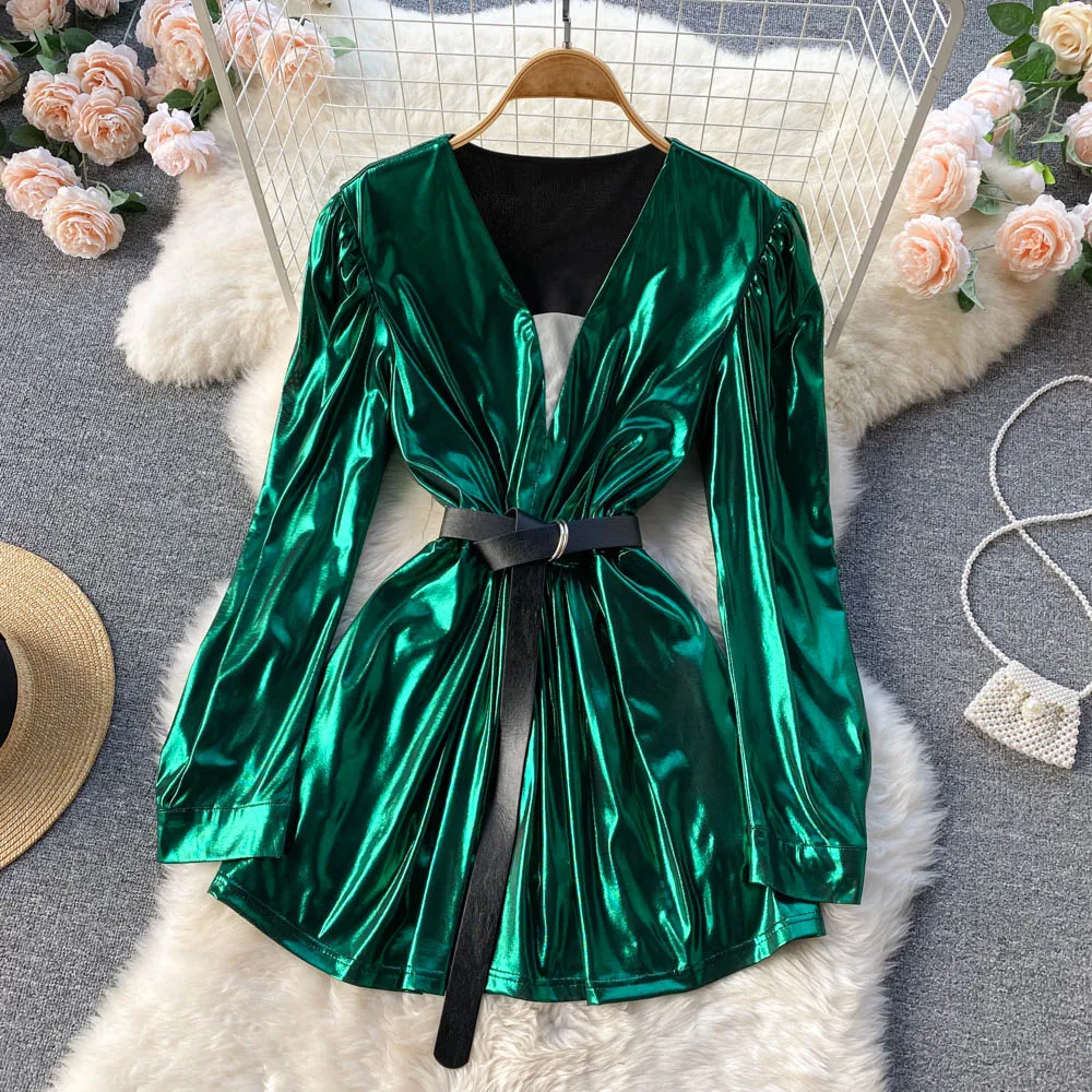 ZA Fashion Sexy V-neck Puff Sleeve Dress Female 2022 Spring New Lacquer Light Pleated Slim Western Style Short A-line Skirt