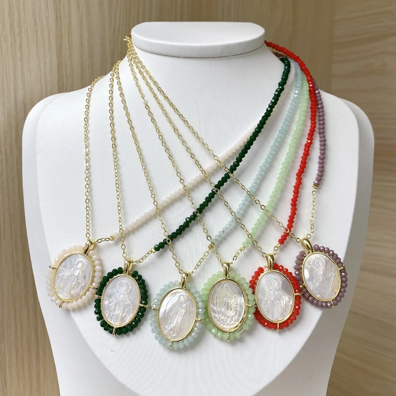 5pcs/lot Catholic Religious Jewelry Half Chain Half Glass Beads Guadalupe San Benito Milagrosa Shell Pendants Necklaces