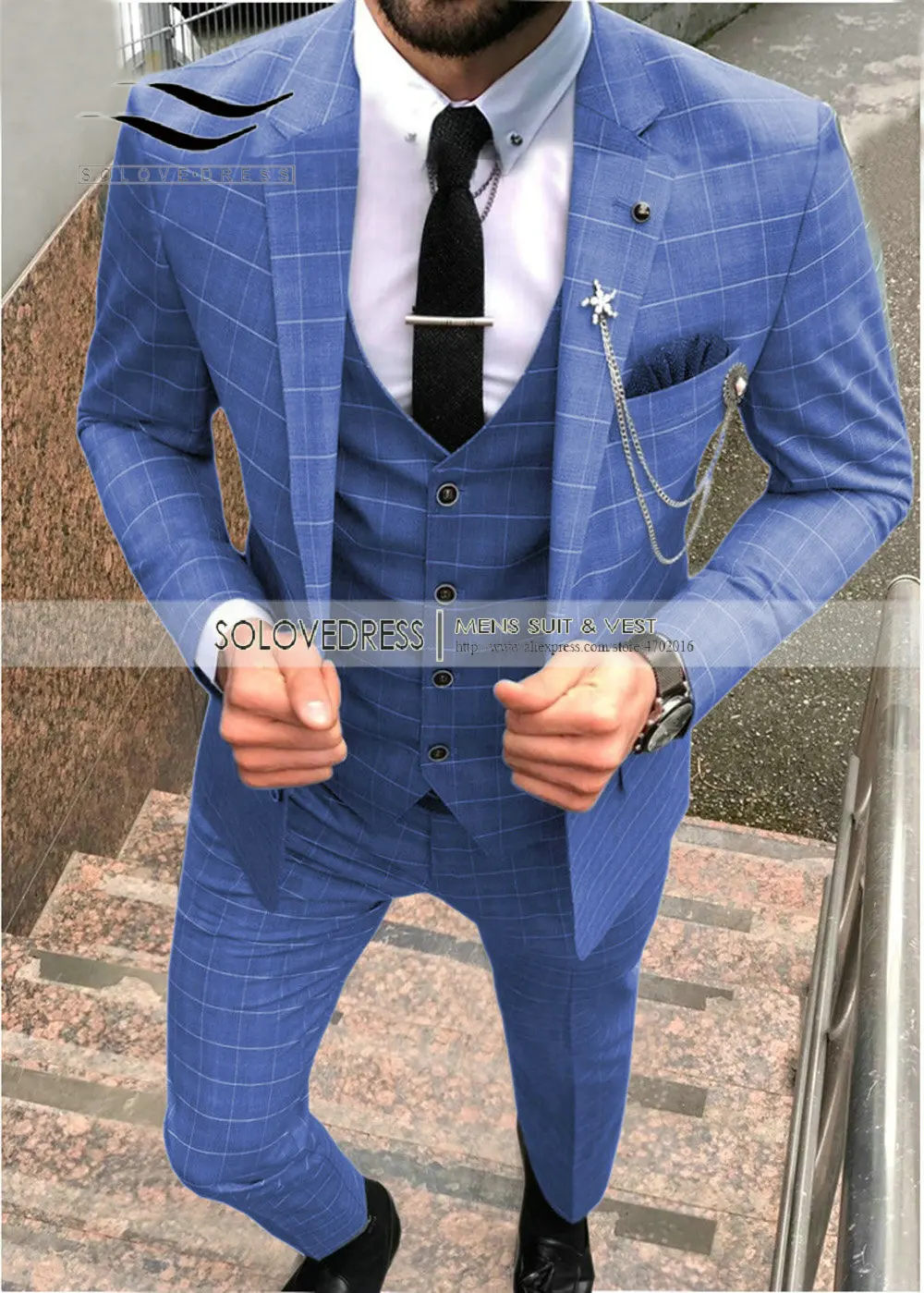 Men\'s Plaid Suits Slim Fit Prom Tuxedos 3 Piece Solid Notch Lapel Tuxedos For Wedding Grooms(Blazer+vest+Pants) Blue/Champagne