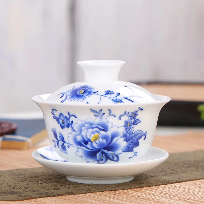 High grade white porcelain Gaiwan ceramic tea set Sancai cover bowl blue and white tea set tea bowl 150ml