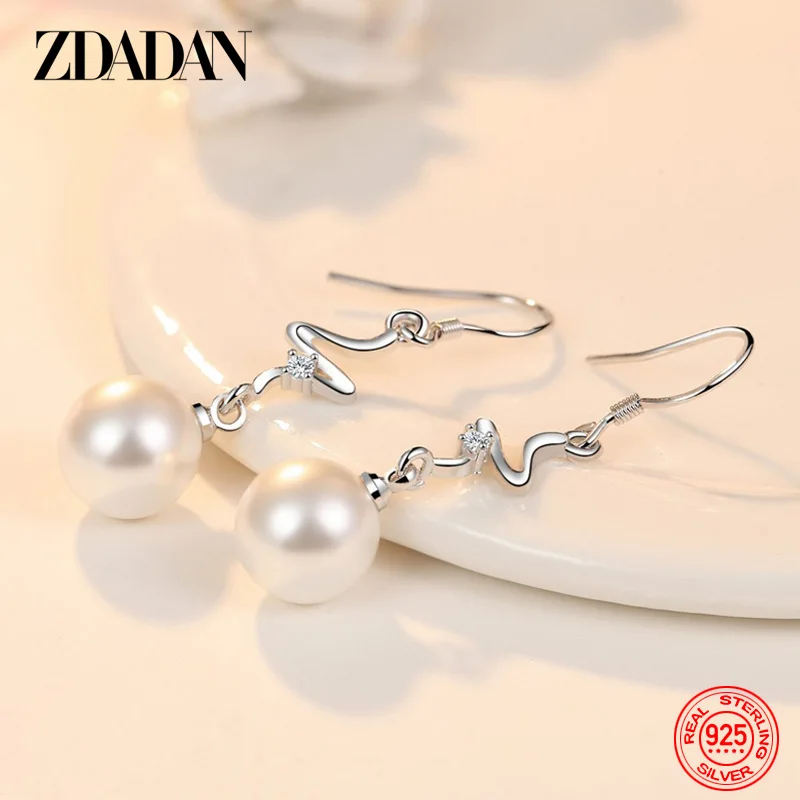 ZDADAN 925 Sterling Silver Long Curved Pearl Drop Earrings For Women Fashion Wedding Party Jewelry Gift