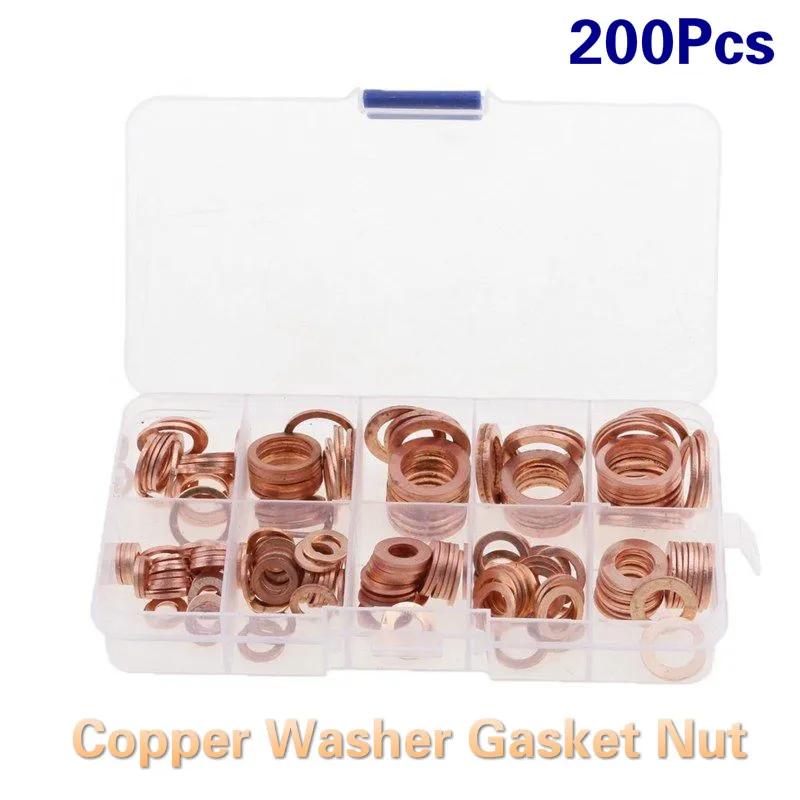 

200Pcs Copper Washer Gasket Nut and Bolt Set Flat Ring Seal Assortment Kit With Box M5/M6/M8/M10/M12/M14 for Water Sump Plugs