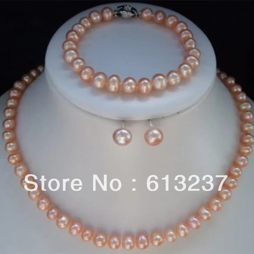 High quality pink freshwater natural round 7-8mm pearl high quality beads necklace bracelet earring jewelry sets 18 inch MY4606