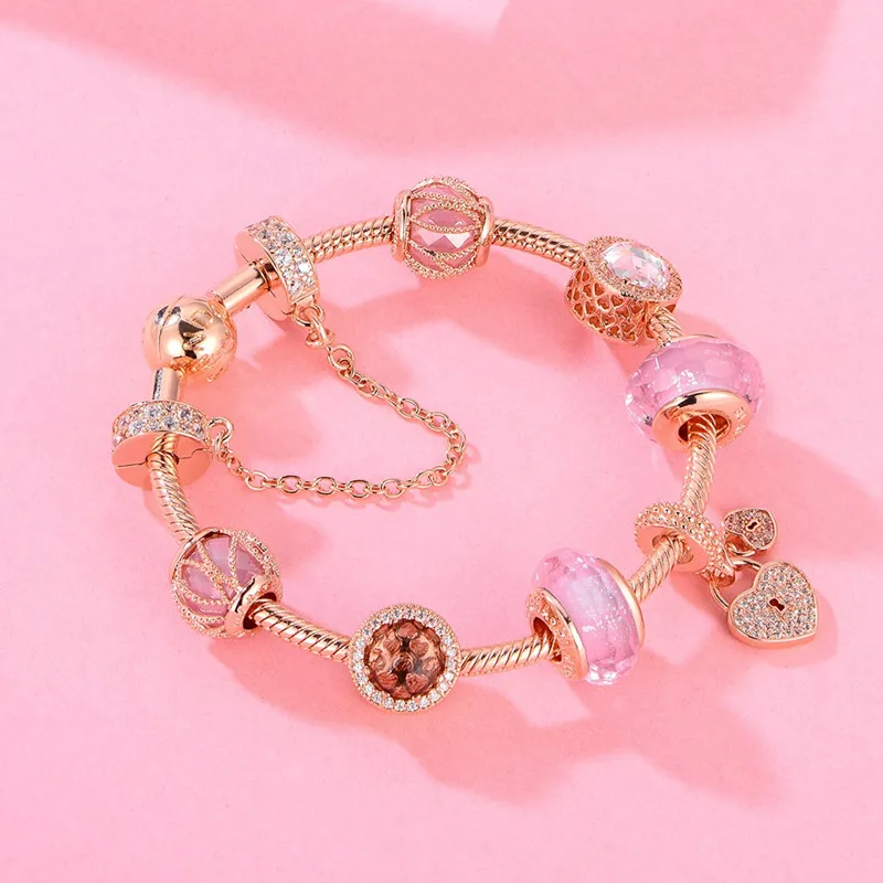 Finished Complete Rose Gold Plated Bracelet with Rose Pink Charms For Women Fit European Pandora Charm Beads Jewelry