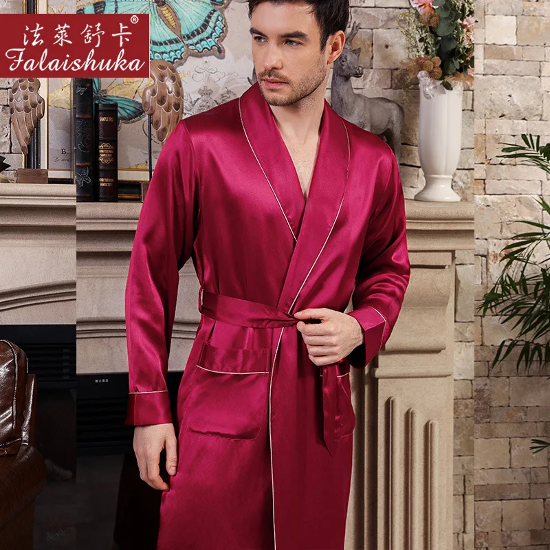 Pure Color Men's Natural Silk Sleeping Robes Long-Sleeve High Quality Real Silk Sleepwear Male Bathrobes S5625