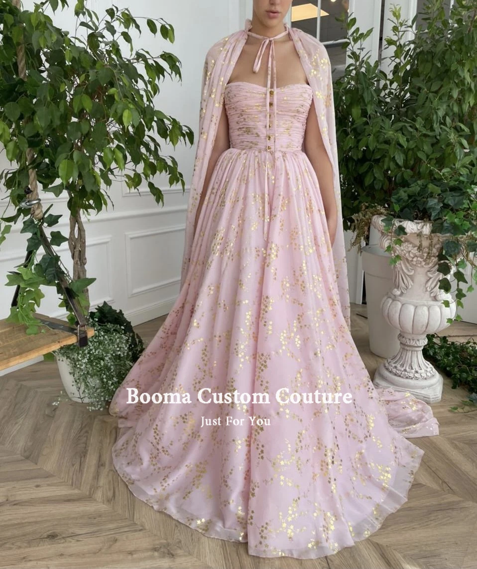 Booma – robe de bal en mousseline rose pour bébé, sans bretelles, avec Cape, froncée, imprimée à fleurs dorées, avec poches, ligne a, robes de soirée formelles, 2021