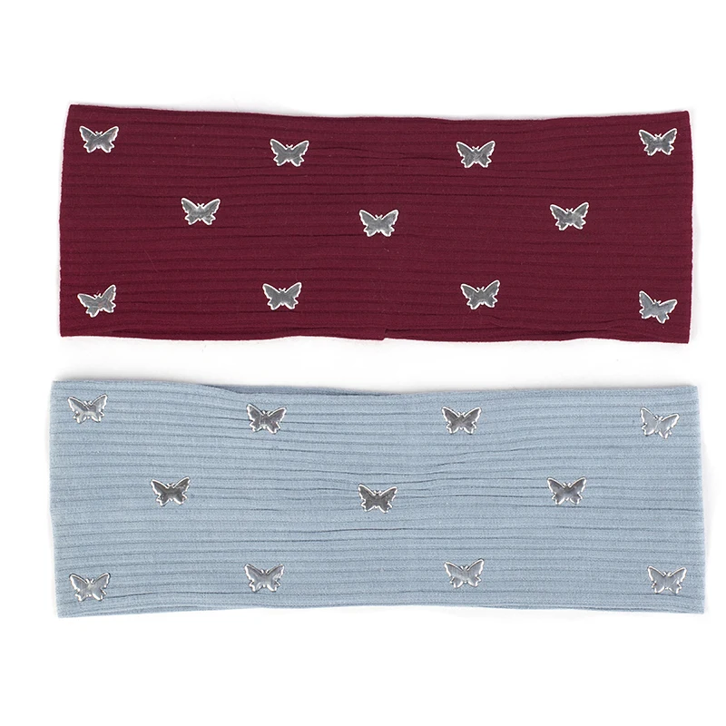 Geebro Girl Ribbed Knitted Cotton Headband Bohemian Flat Headwrap Women Stretch Butterfly Accessories Simple Design Hairband
