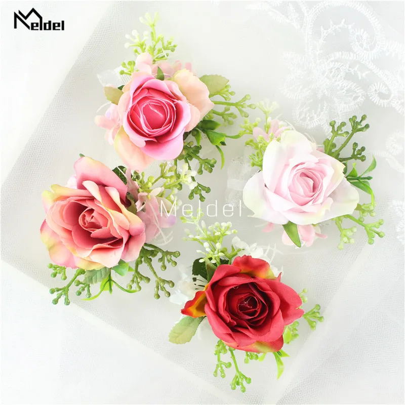 Kunstmatige Rose Bloem Bruidegom Boutonniere Man Corsage Knoopsgaten Bridasmaids Polsband Wedding Bloemen Man Pak Party Decoratie