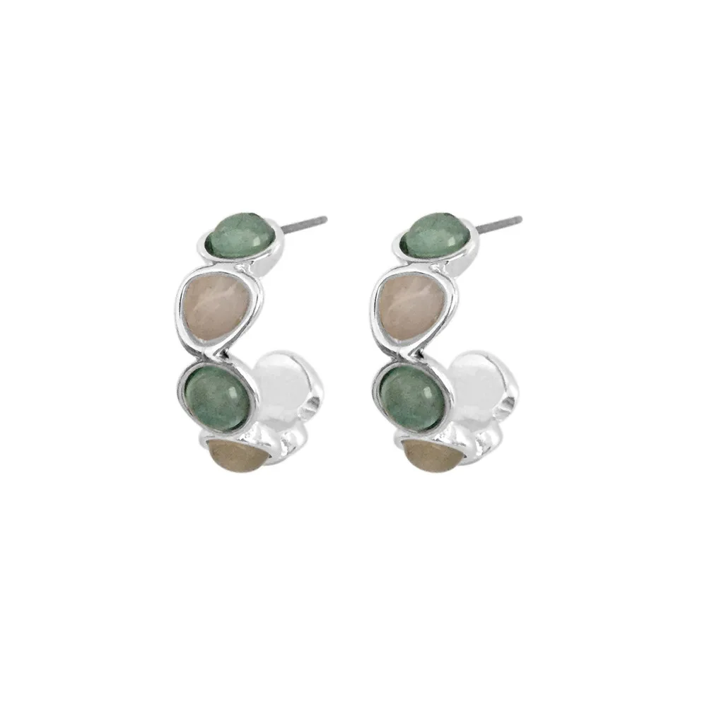 New Trendy Boho Light Grey and Peach Burgundy Purple Green Mixed Stone Small Hoop Earrings For Women Lady Ear Accessories