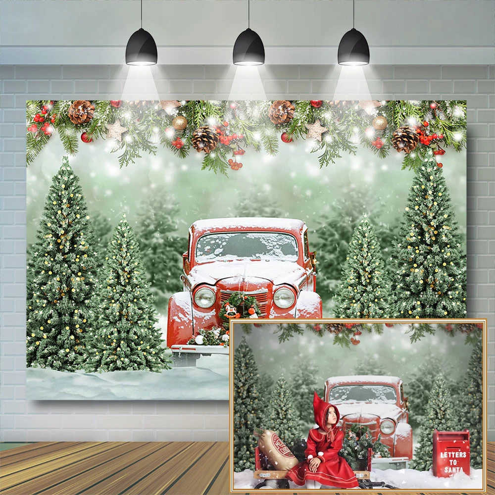 Christmas Backdrop Forest Red Car Snowflake Photography Background Christmas tree Girl Children Birthday Party Decor Banner