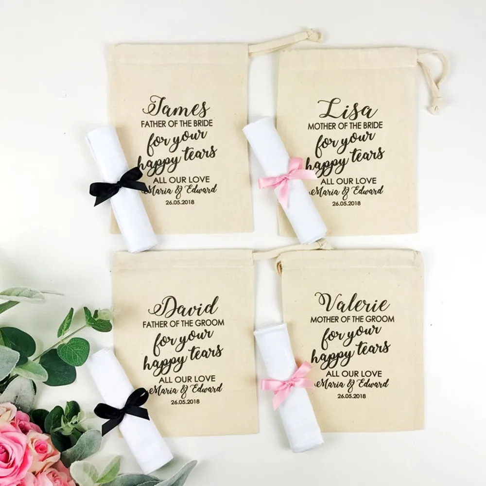 

2pcs Custom text Wedding day gifts for bride's parents,personalised gift bag with handkerchief for mother father of the groom