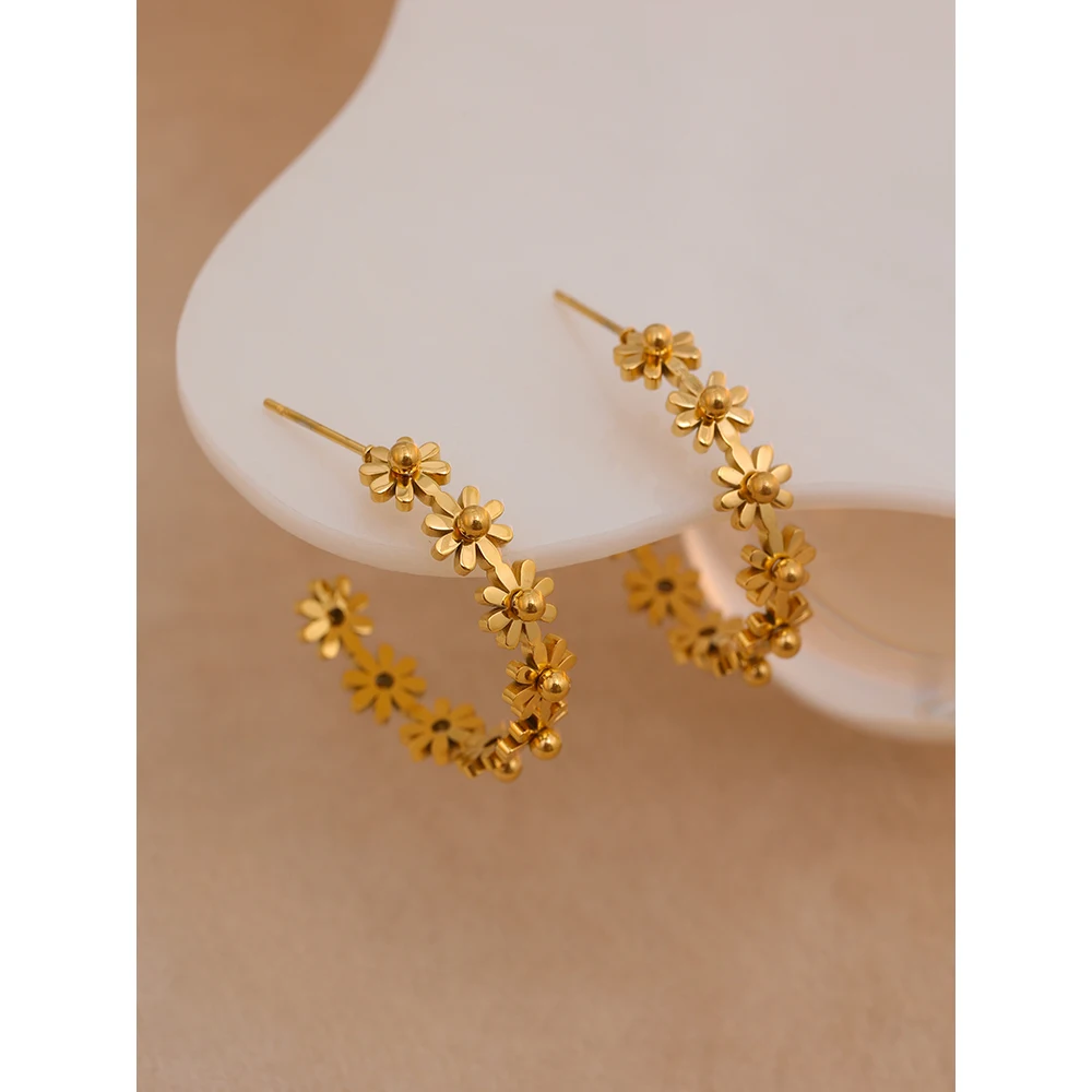 Yhpup Stainless Steel Round Flower Hoop Earrings Fashion Golden Metal Trendy Brand Texture Jewelry Party Gift Waterproof Women