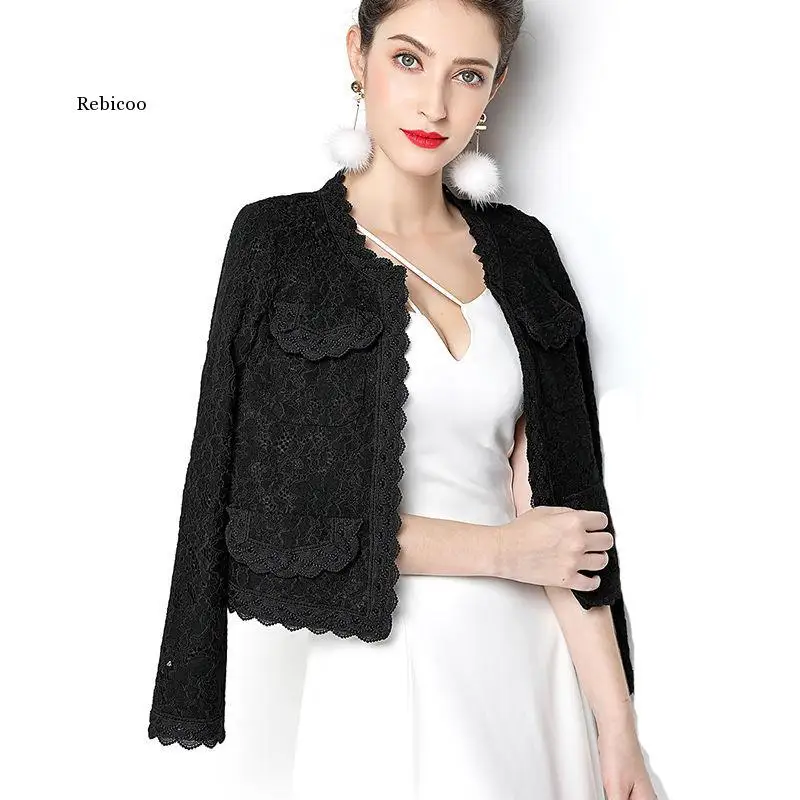 

Women Elegant Blazer Long Sleeve Hollow Out Female Jacket Lace Patchwork Office Ladies Outwear Black White