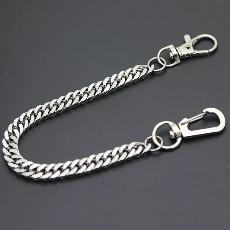 Long Metal Wallet Chain Leash Pant Jean Keychain Ring Clip Men's Hip Hop Flat Stainless Steel Necklace Jewelry