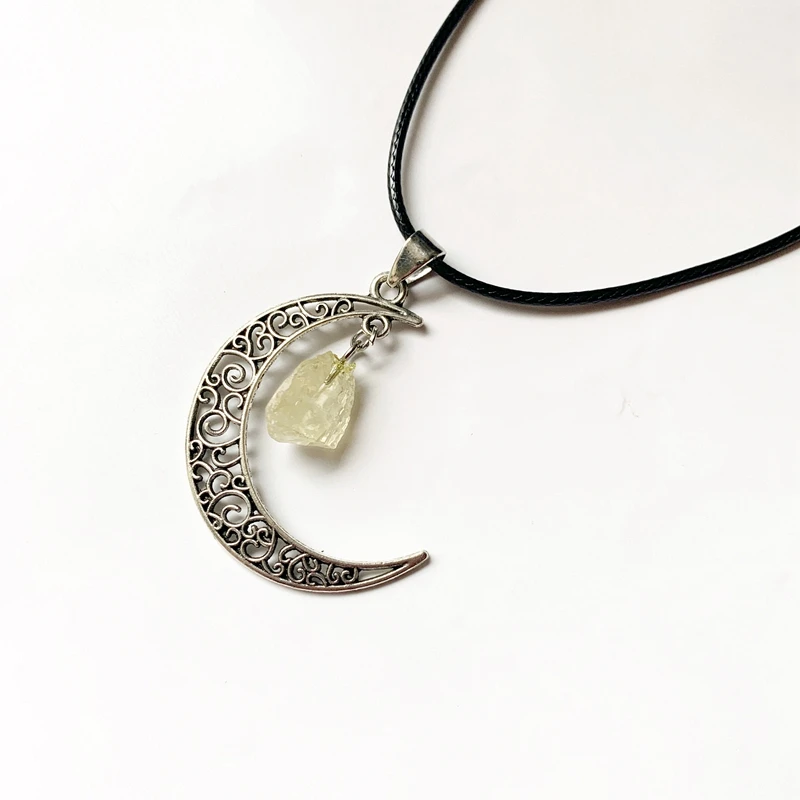 Small Citrine Amethyst Rose Quartz Moon Pendants Natural Fluorite Alloy Meniscus Moon Rough Stone Necklace Dropshipping 1pc