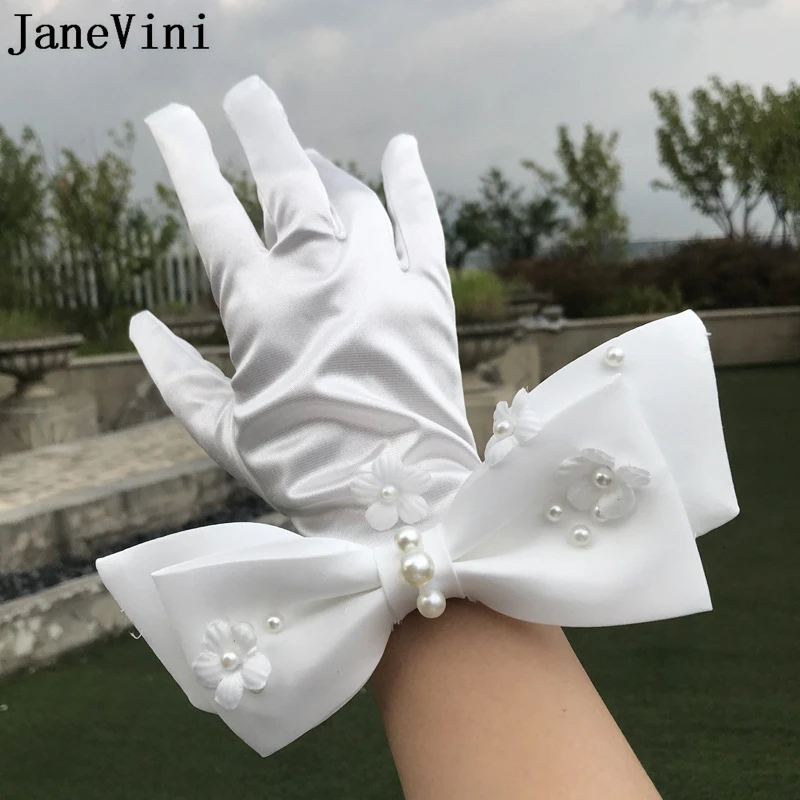 

Элегантные белые короткие свадебные перчатки jaevini с большим бантом длина запястья кружевные, цветы, жемчуг атласные перчатки с закрытыми пальцами свадебные аксессуары