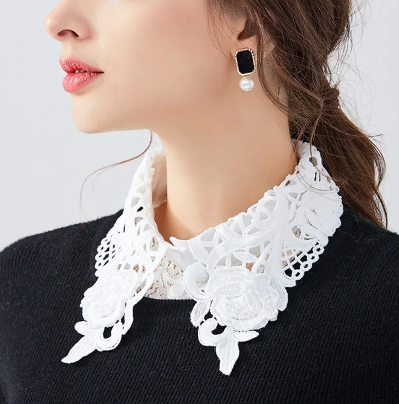 

Elegant Lace Collars For Women Shirt Fake False Collar With Beads White Detachable Collar For Women Half Shirt Col Nep Kraagie