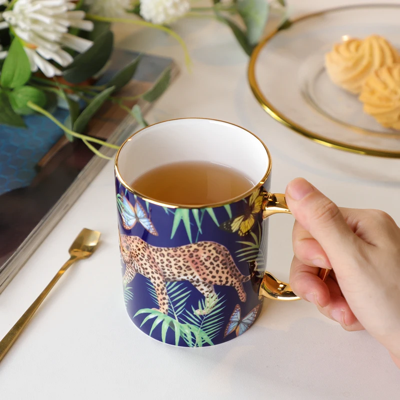 Retro Bone China Coffee Set, Leopard Forest Cheetah Ceramic Mug Cup, Teacup Afternoon Tea Party Drinking, Home Wedding Gift