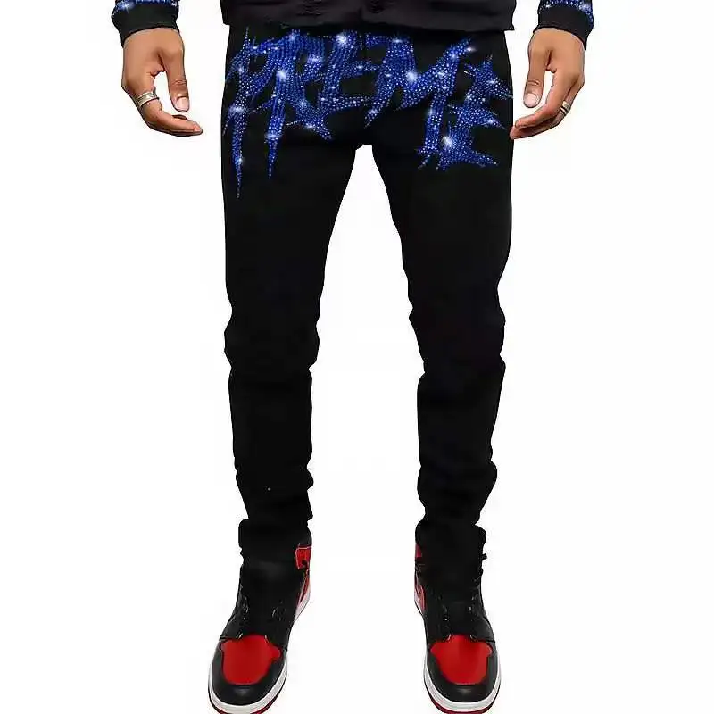 Elástico rasgado jeans preto hip hop magro buraco moto calças carta strass streetwear punk denim lápis calças