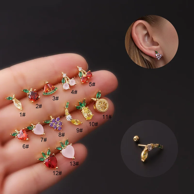 1PC 20G Cute Fruit Cartilage Earrings for Women Zircon Crystal Banana Apple Peach Small Stud Earrings Helix Ear Piercing Jewelry