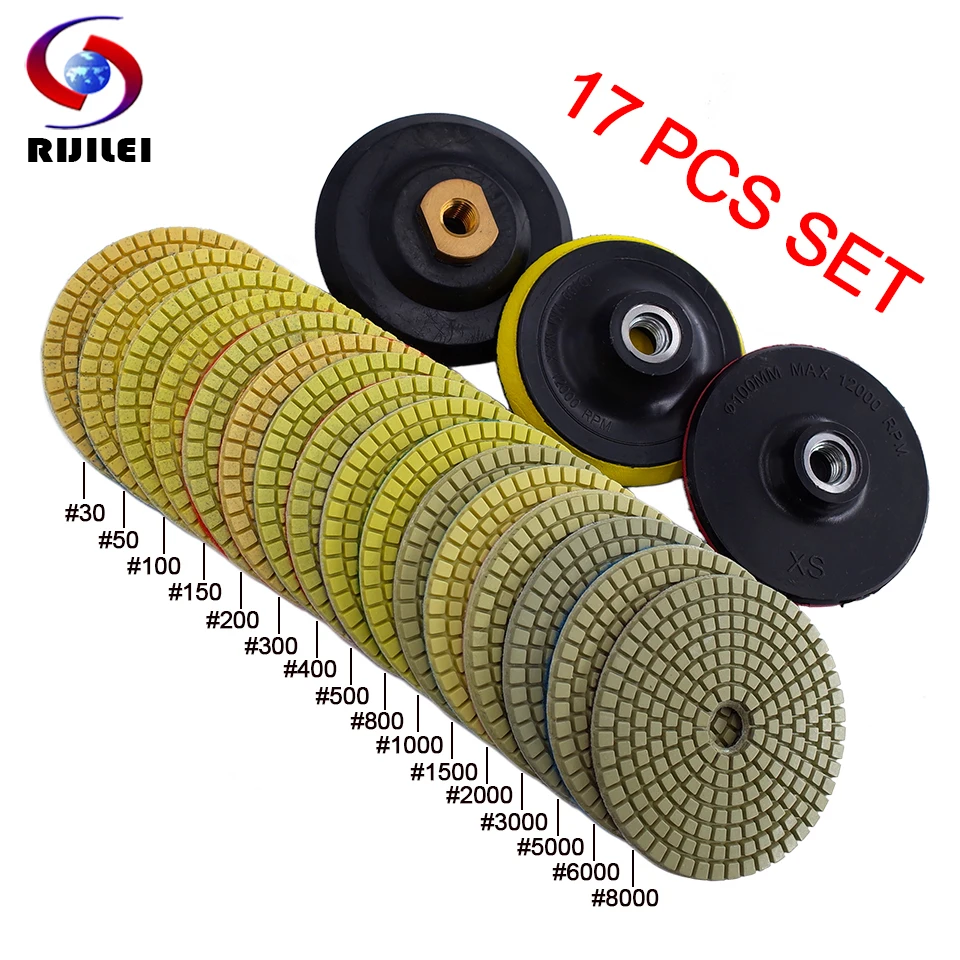 Rijilei-kit de Polimento de Diamante Almofadas Secas e Molhadas para Piso de Mármore e Concreto Granito Discos de Moagem 100 mm Pol 16 Pcs