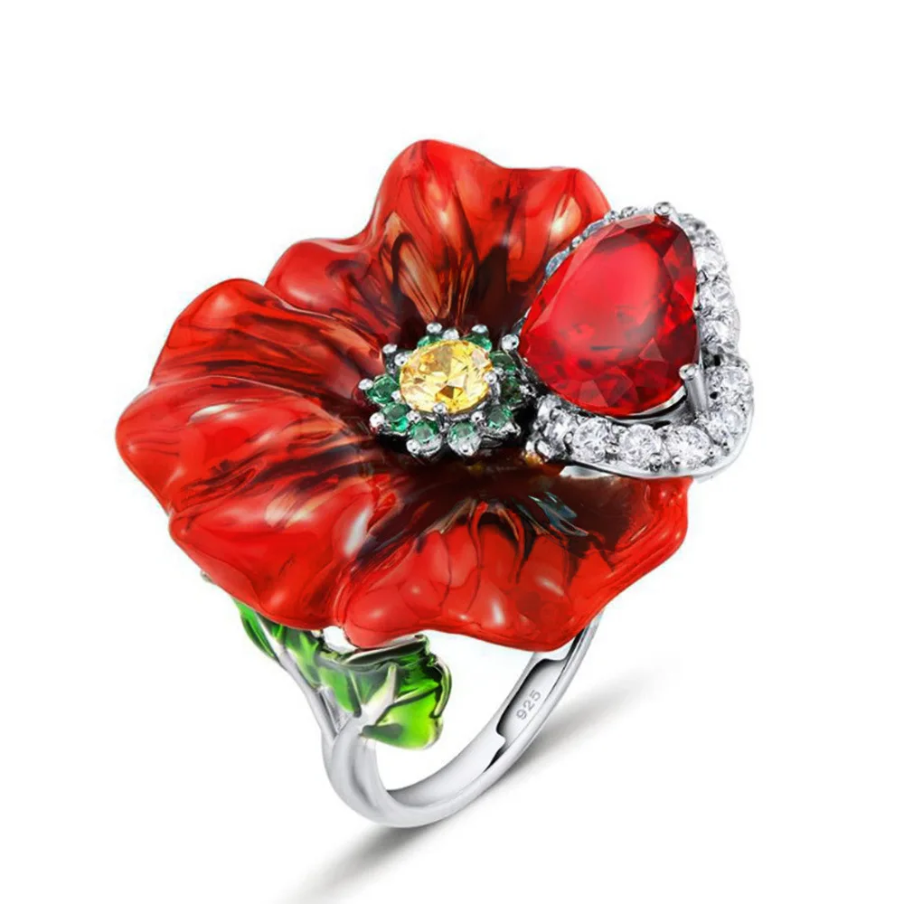 Red Flower Bling Zircon Stone Plant Luxury Rings for Women Cute Wedding Anillos Engagement Fashion Party Statement Jewelry 2019