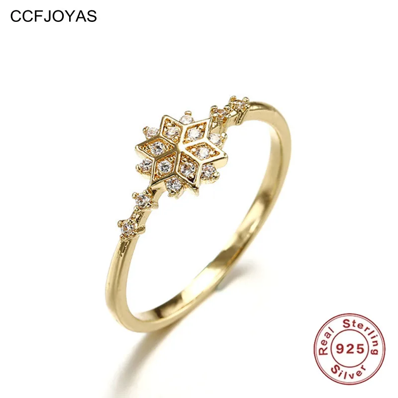 

CCFJOYAS 100% 925 Sterling Silver Snowflake Ring 14k Gold Plating Simple Gold Silver color Women Engagement Wedding Ring Gift