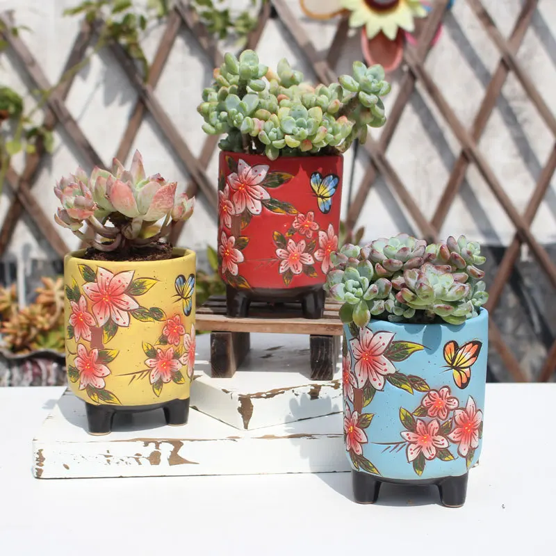 Creative Hand-painted Succulent Flower Pot Stoneware Old Pile Pot Handmade Home Decoration Handmade Flower Pot with Feet