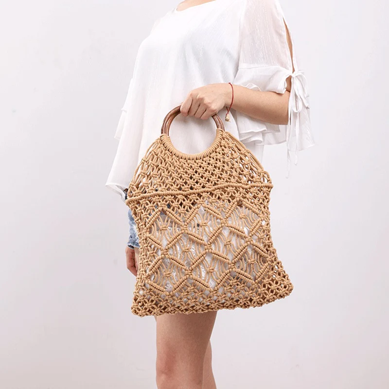 Woven women\'s Handbag Top-Handle Net Bag Handmade Summer Straw Beach Bags Bohemia Female Hollow Round Handle Tote Mesh Bag