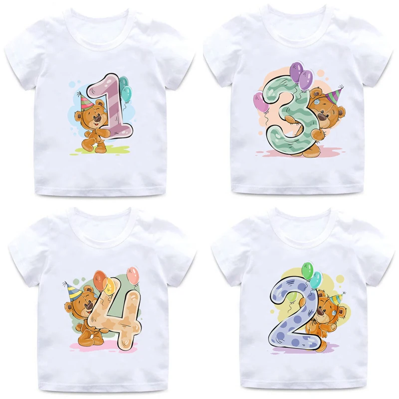 

Boy Girl Birthday Bear Number 1 2 3 4 8 9 Bow Print T shirts Baby cute Cartoon Funny Round Neck Girls T-shirt Best Birthday Gift