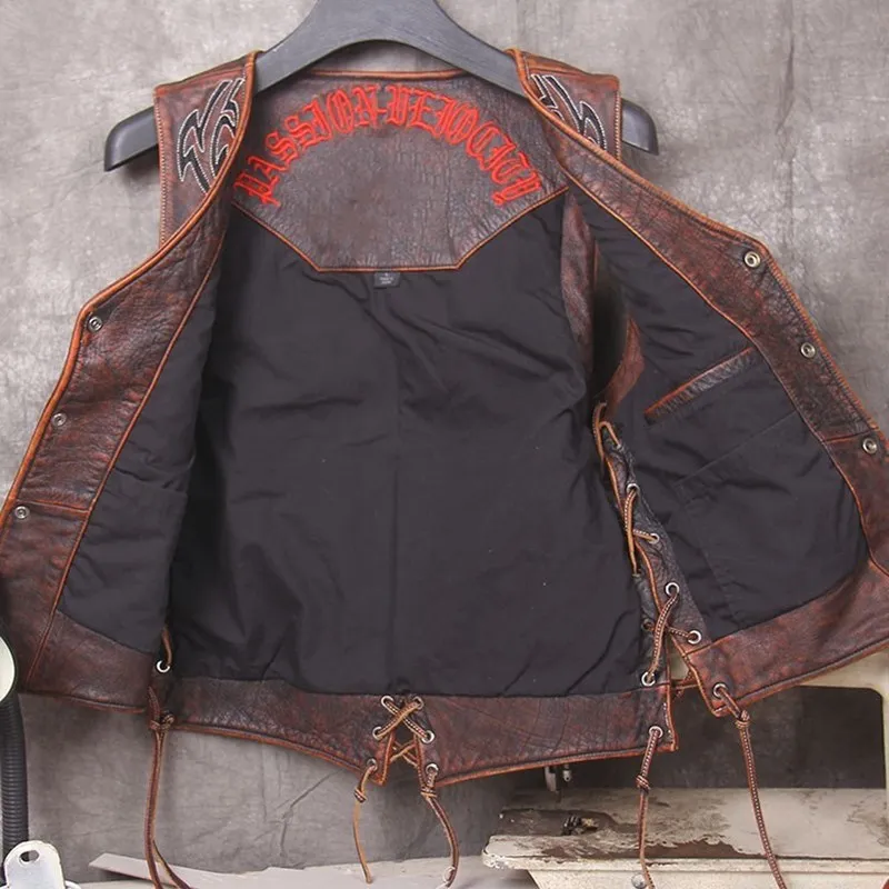2020 Vintage Red Brown Men Biker\'s Leather Jacket Single Breasted Size XXL Genuine Cowhide Spring Slim Fit Short Motorcycle Vest