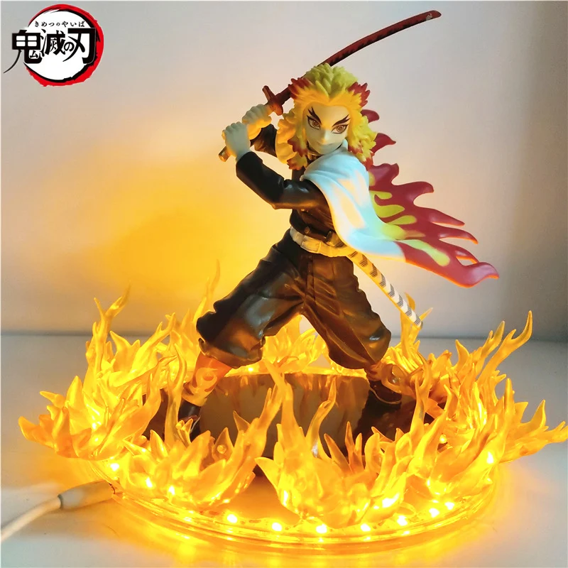 Anime Figures Demon Slayer Rengoku Kyoujurou Fire Led Scene DIY PVC Action Figure Toy 21cm Kimetsu no Yaiba Figurine Kids Doll