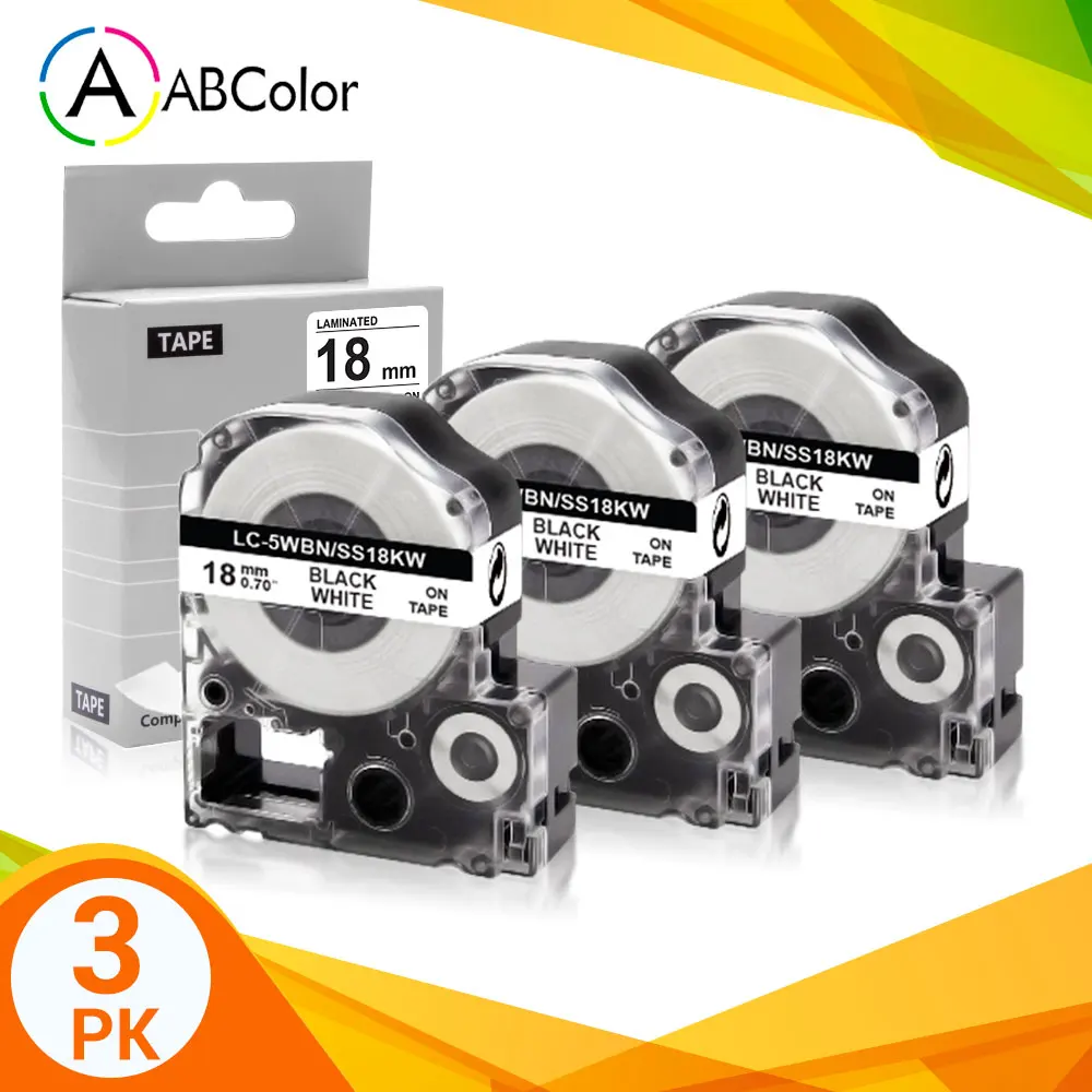 3PK Tape SS18KW 18mm Black on White Label Tape LC-5WBN Printer Ribbon For King Jim Epson LW-500 LW-400 LW-700 label maker