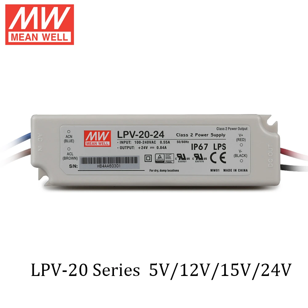 Mean Well Switching Power Supply LPV-20 20W 5V 12V 15V 24V Constant Voltage Waterproof Plastic LED Driver Ip67 AC DC Meanwell