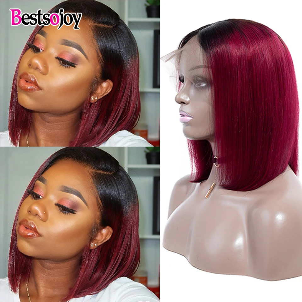 

Wine Red Ombre Short Straight Bob Wigs 13x4 Lace Front Human Hair Wig 1B-99J Colored Wig Brazilian Remy Pre Plucked 180 Density