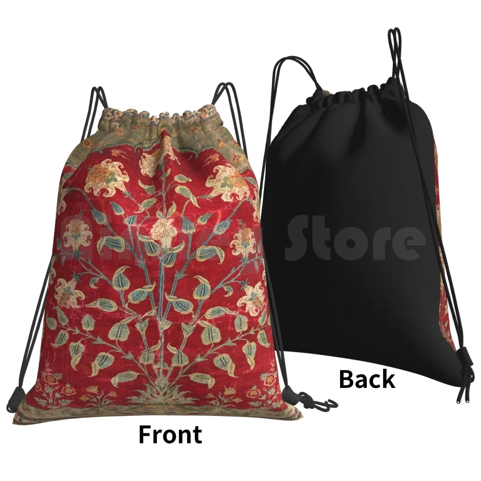 Indian Floral Rug 17th Century Fine Art Print Backpack Drawstring Bag Riding Climbing Gym Bag Vintage Vintage Rug Carpet