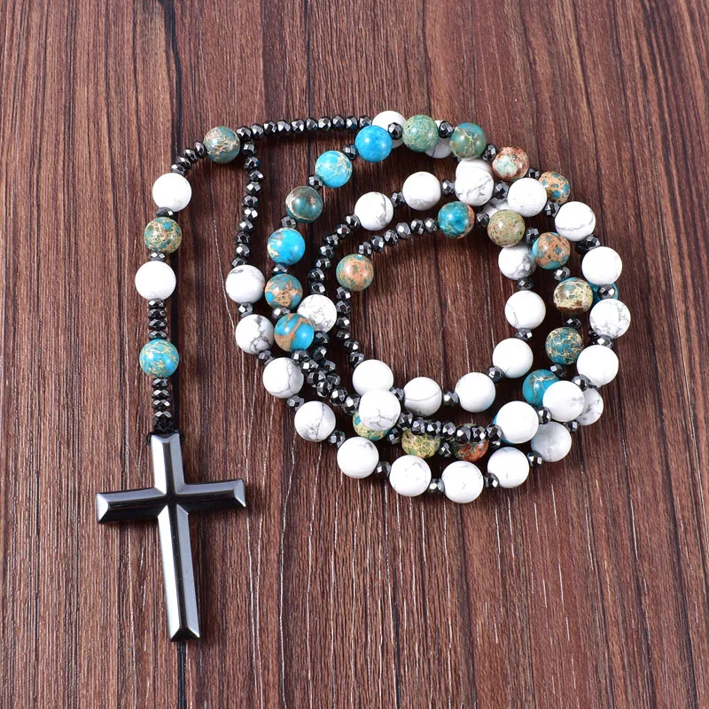 Wholesale Natural Turqouise With Hematite Cross Pendant Catholic Christ Mens Rosary Necklaces For Women Jewelry Drop shipping