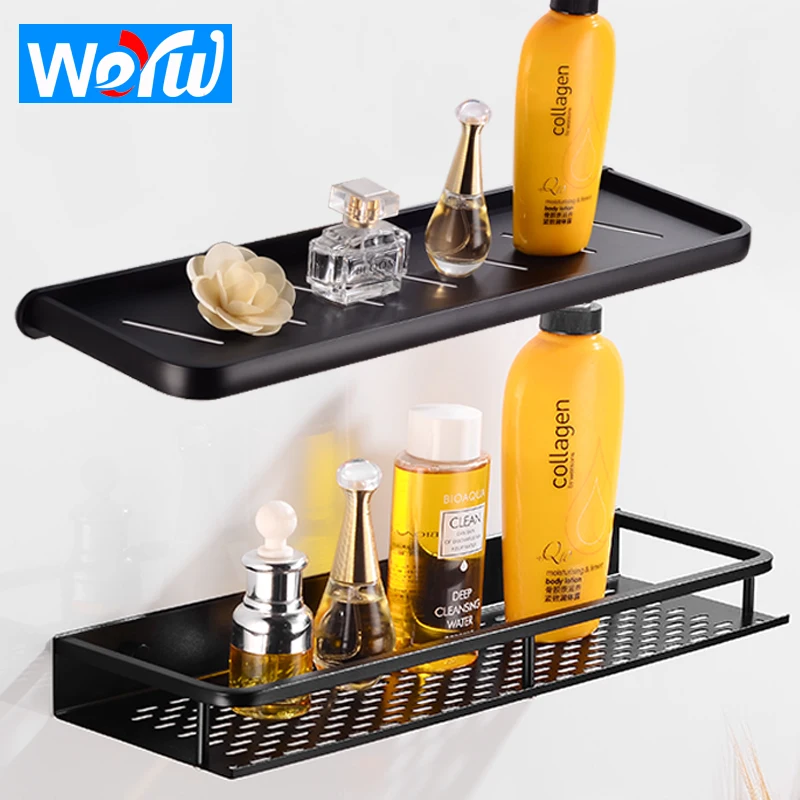 Bathroom Shelf Organizer Space Aluminum Bathroom Shelves Shower Storage Rack Wall Mounted Black Corner Basket Shampoo Shelf