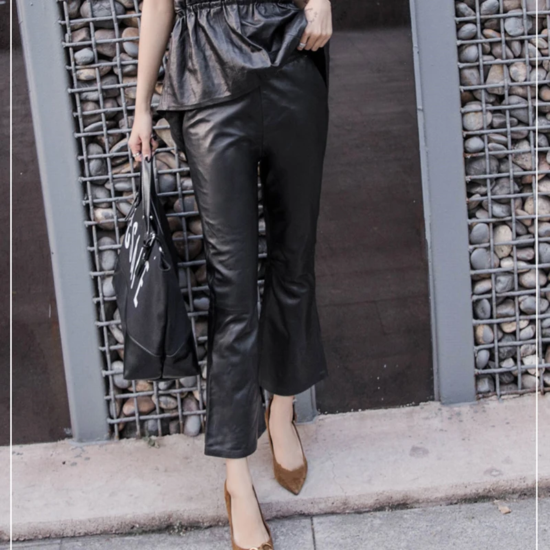 Women Flare Pants 2020 Autumn Black Plus Size Slim Real Leather Sheepskin Female Ankle Length Trousers Ladies Streetwear