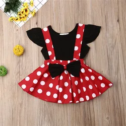 Baby Girls Ruffles Sleeveless T-shirt+Girl Bowknot Dot Red Suspender Skirt Baby Outfit Summer Clothing Toddler 2PCS set