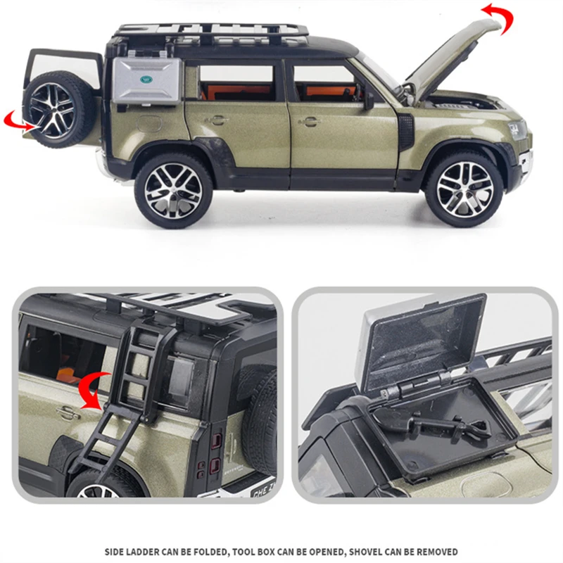 Black Knight 1/24 Land Rover Defender SUV Alloy Car Model Diecast Metal Toy Off-road Vehicle Car Model Sound and Light Kids Gift