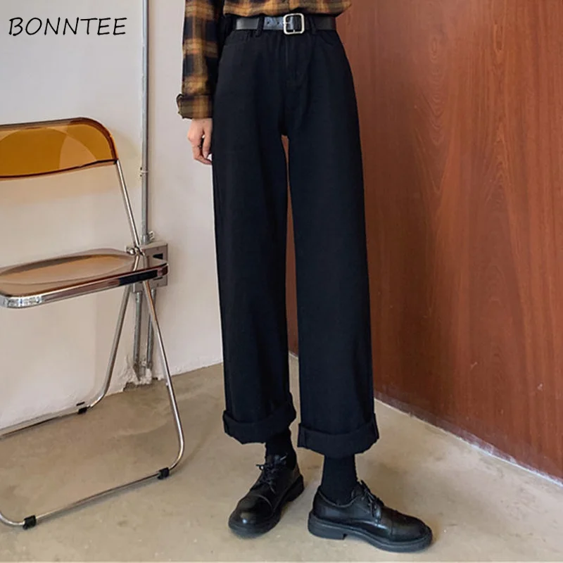 

Straight Jeans Women Cuffs Retro Korean Style Chic Trendy Popular All-match Ulzzang Loose Leisure Slim Basic Female Bottom Ins