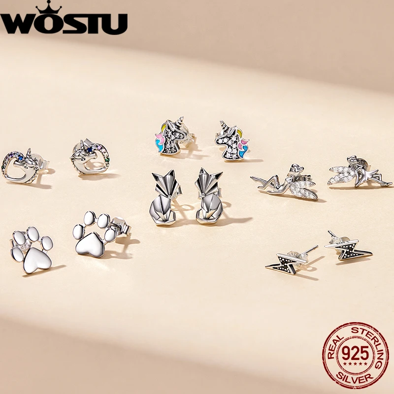 WOSTU 100% 925 Sterling Silver Flower Unicorn Fairy Stud Earrings For Women Original Wedding Earrings Fashion Silver 925 Jewelry