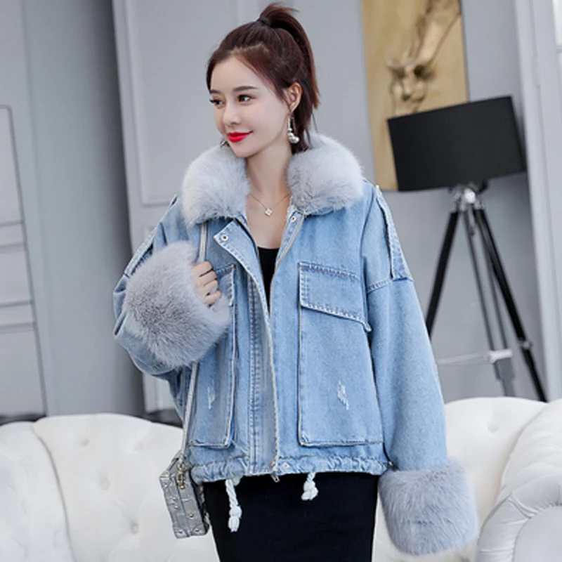 Winter Short Denim Jacket Coat Women New Korean Fashion Loose Thick Large Fur Collar Solid Color Outerwear