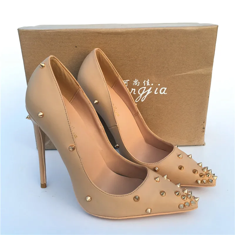 

Spring new style rivet leather pointed toe shallow mouth stiletto single shoes banquet dress large size small size women's shoes