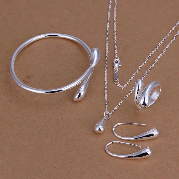 

2020 Fashion Wedding Bridal Jewelry Set 925 Silver Jewelry Water Drop Necklace Bangles Rings Earrings Sets For Women Party Gifts