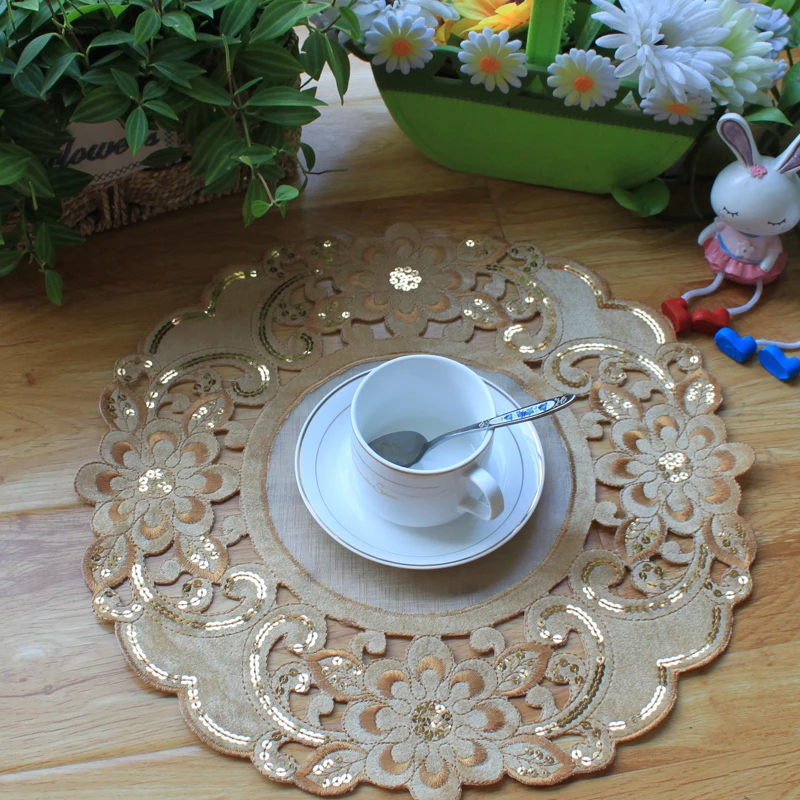 Hot Lace Gold Sequin Table Placemat Pad Cloth Embroidery Wedding Place Mat Cup Mug Christmas Tea Coffee Coaster Doily Kitchen