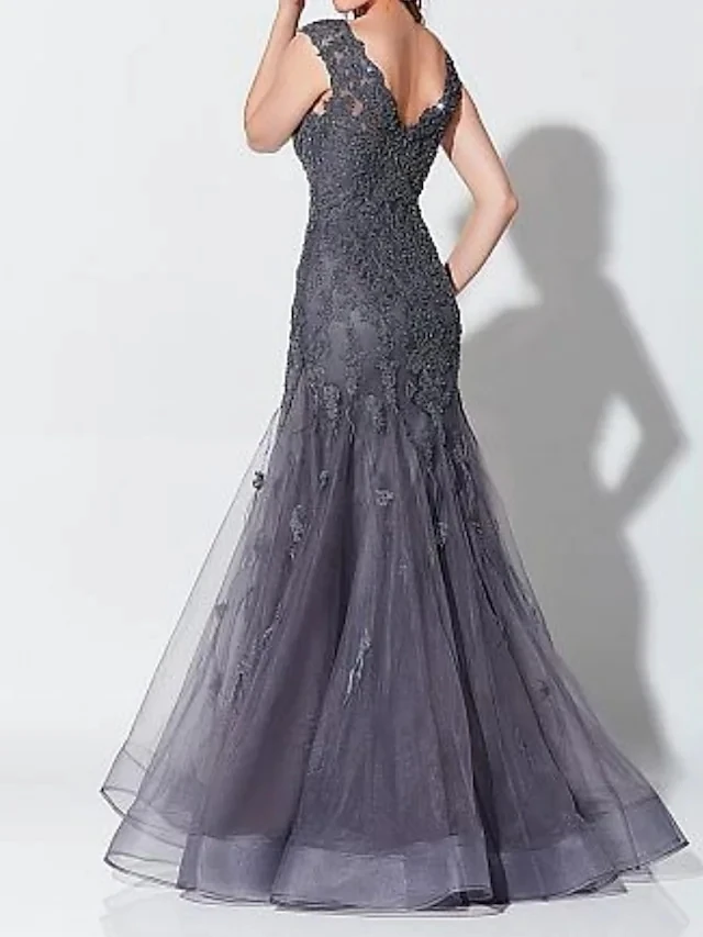 Elegante Prom Kleider Gerade Tiefem V-ausschnitt Tüll Mit Applique Lange Abendkleider Robe De Soiree