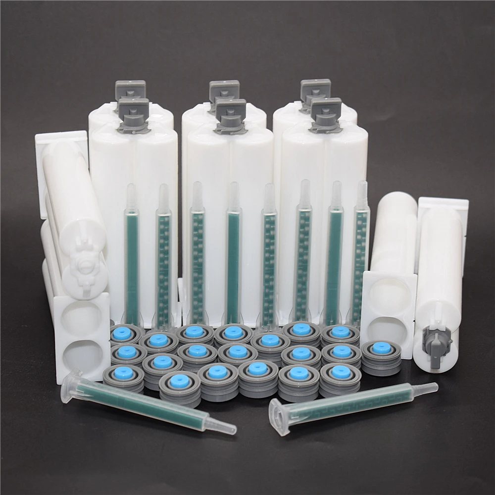 10pcs 50ml PP 믹서 듀얼 배럴 에폭시 접착제 빈 카트리지 10pcs 정적 혼합 노즐 믹서 튜브 도구와 1:1 AB 접착제 카트리지
